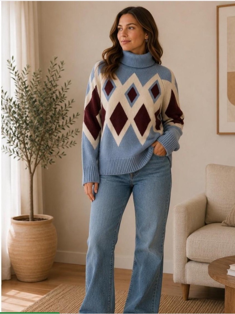 J.Crew Womens Blue Diamond Pattern Oversized Turtleneck Sweater. Size Small